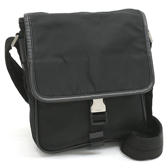Prada Shoulder Leather Bag Black Logo Nylon Triangle - Picture 1 of 8
